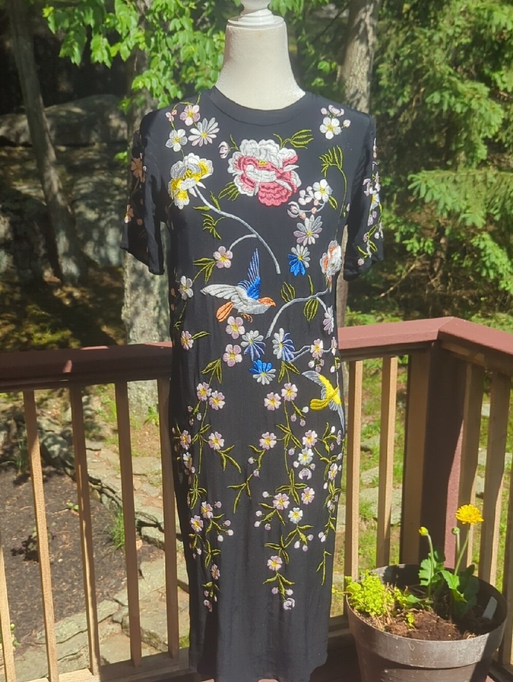 ASOS Black Midi Dress with Multicolor Floral & Bird Embroidery